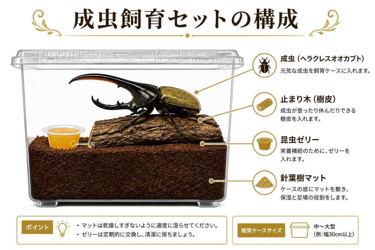 成虫飼育セットの構成（ケース・針葉樹マット・止まり木・ゼリーの配置図）