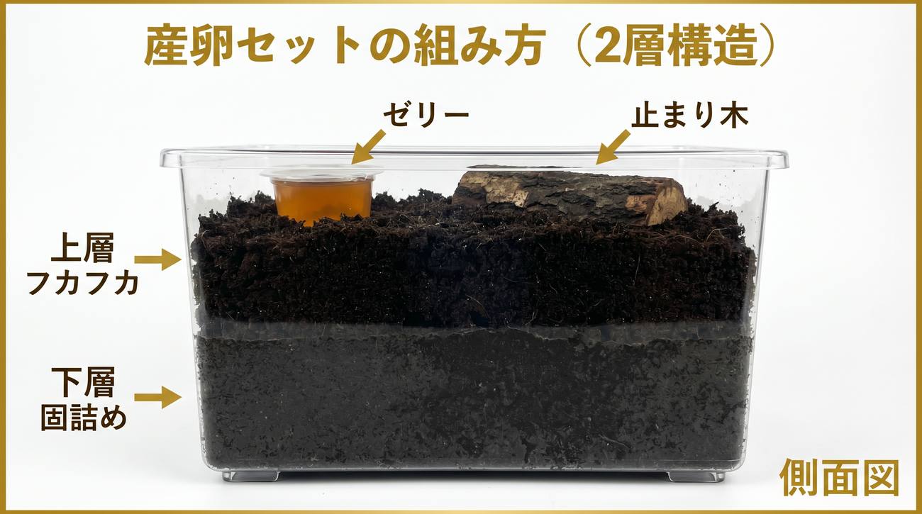 産卵セットの組み方（下層は固詰め・上層はフカフカの2層構造）