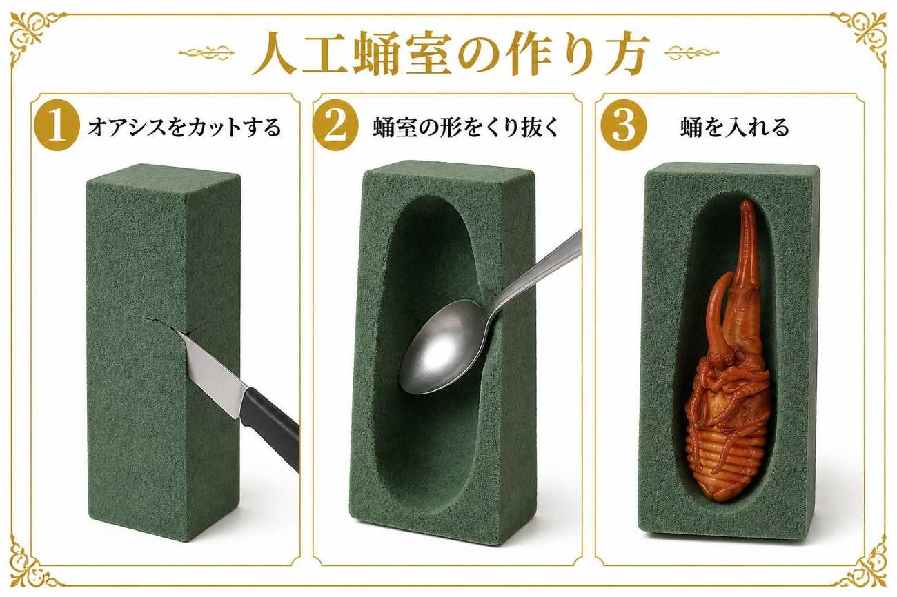人工蛹室の作り方（オアシスをカット→くぼみを掘る→蛹を配置）