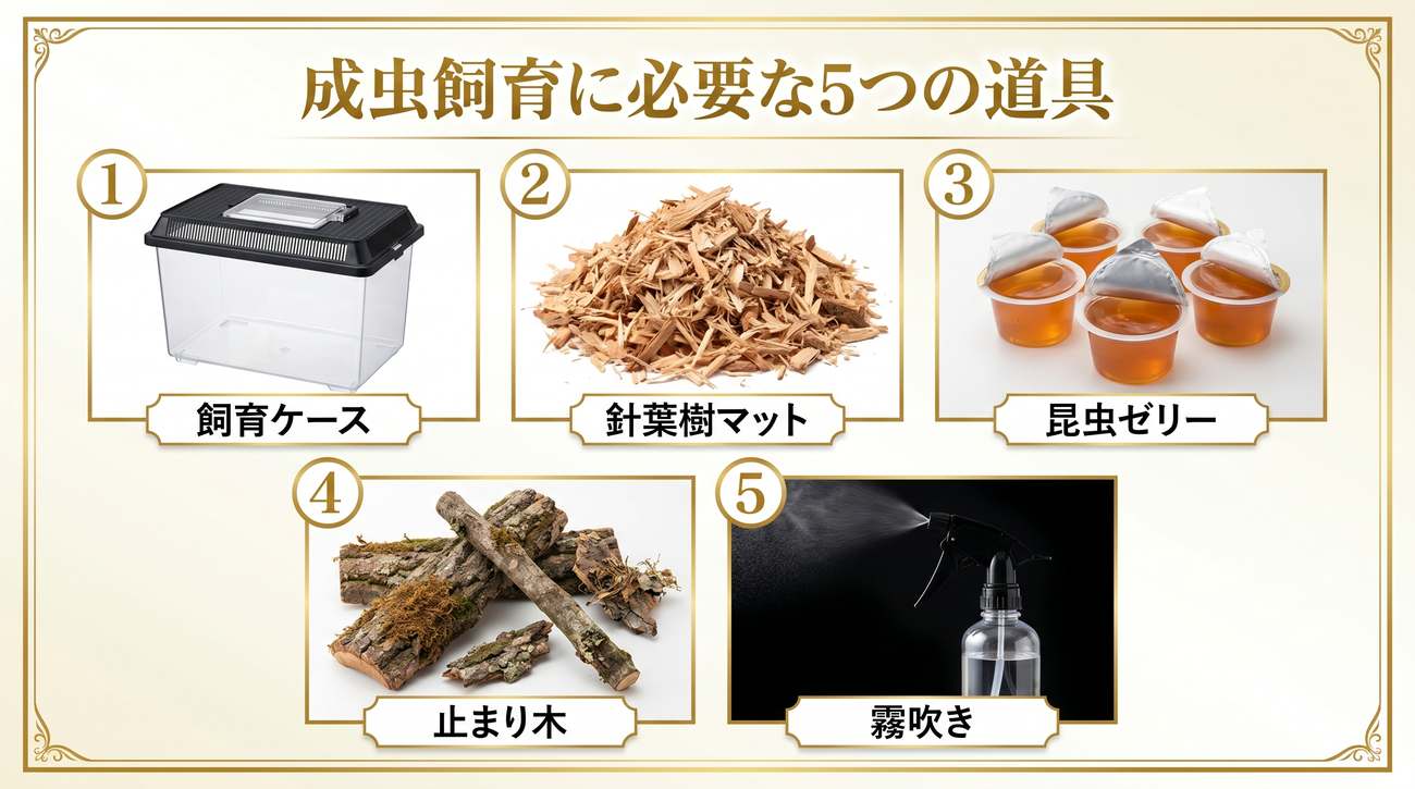 成虫飼育に必要な5つの道具（飼育ケース・針葉樹マット・昆虫ゼリー・止まり木・霧吹き）