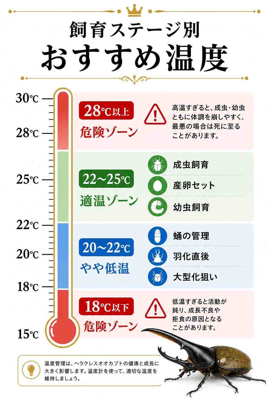 飼育ステージ別おすすめ温度（適温ゾーン22〜25℃・危険ゾーン18℃以下/28℃以上）
